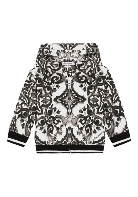 Felpa Zip-Up Con Stampa Maiolica Nera DOLCE & GABBANA KIDS | L1JWIT-II7HRIZ3TN